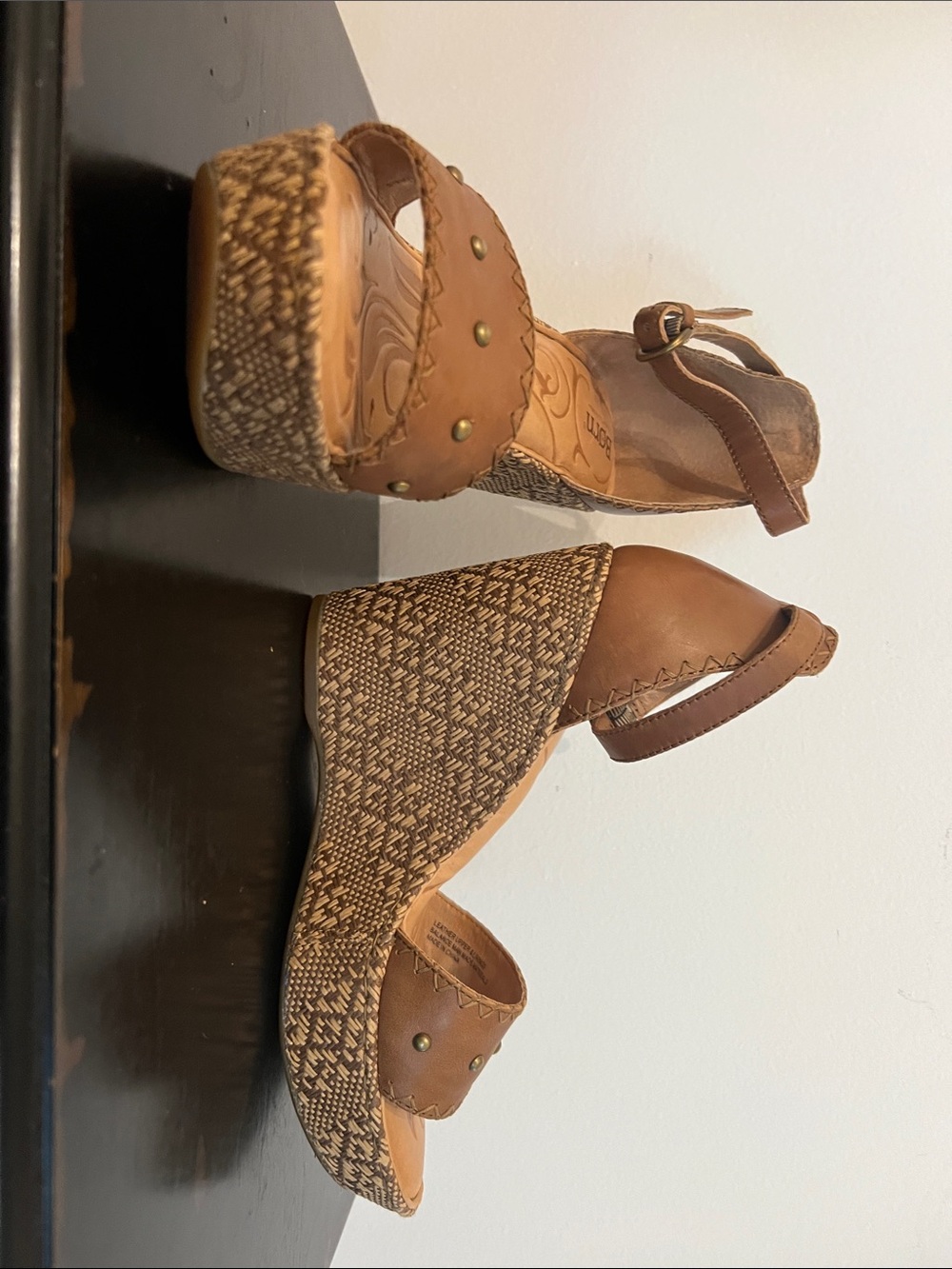 Brown Leather and Woven Espadrille Wedge Sandals